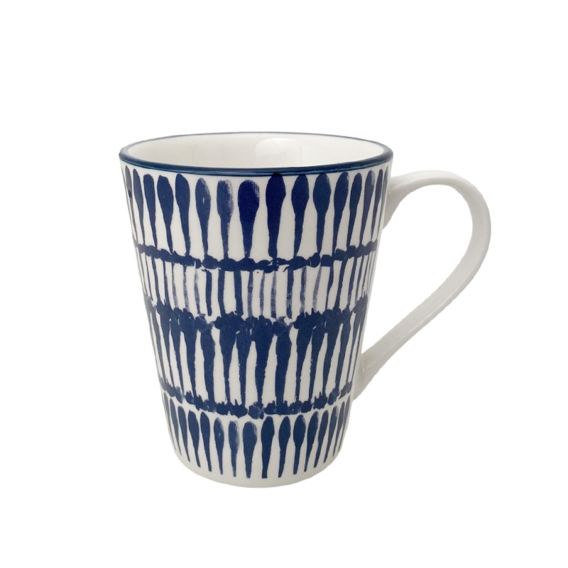 Ręcznie Malowany Porcelanowy Kubek - Biały z Granatowym Wzorem - Nadaje się do Zmywarek