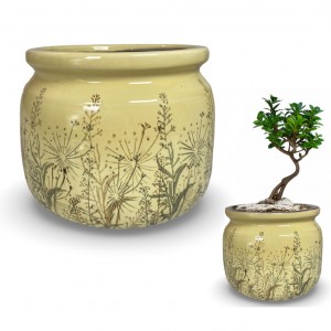 Oliwkowa Doniczka Ceramiczna z Wzorem Kwiatów – Idealna do Bonsai i Aloesów