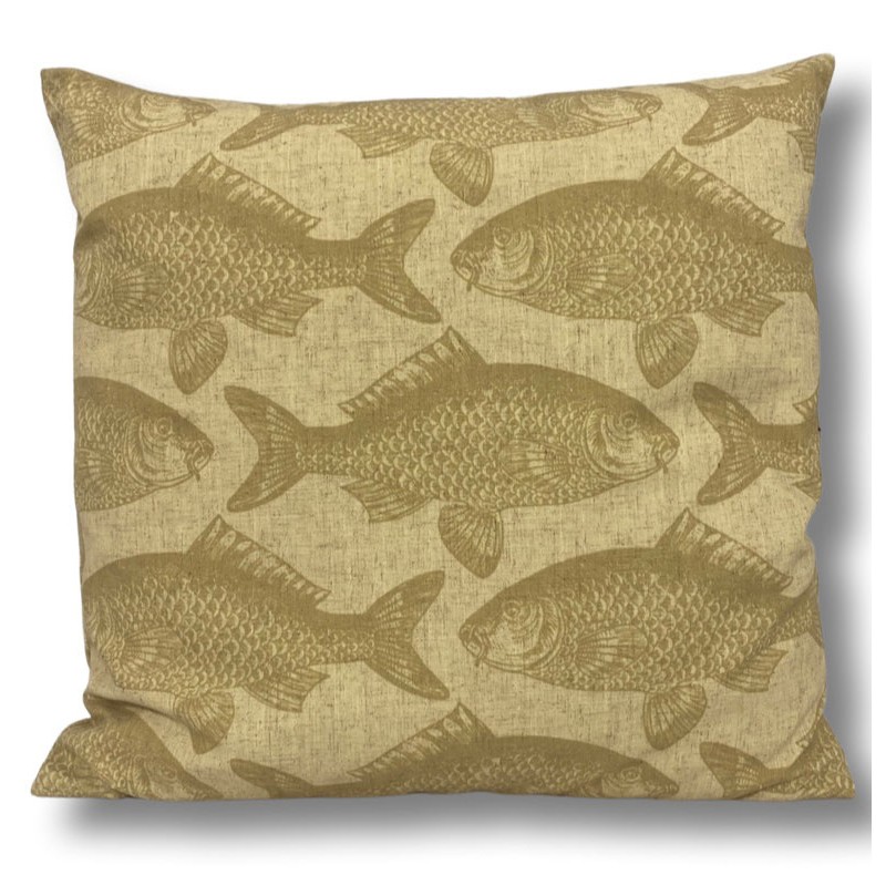 Żółta poszewka dekoracyjna z motywem ryb 45x45 cm, imitacja lnu, zapinana na zamek