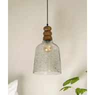 Lampa wisząca sufitowa boho z drewna mango i szklanym kloszem