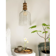 Lampa wisząca sufitowa boho z drewna mango i szklanym kloszem