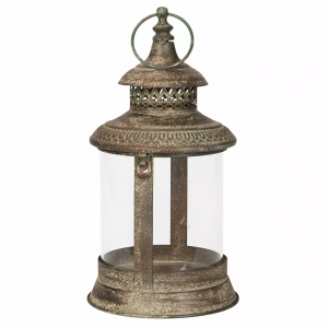 Loftowy metalowy lampion z postarzanym wykończeniem, szklany klosz, 16x31 cm