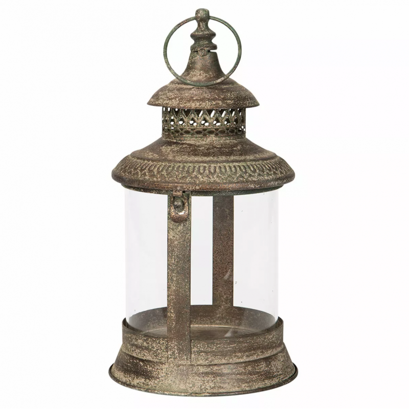 Loftowy metalowy lampion z postarzanym wykończeniem, szklany klosz, 16x31 cm