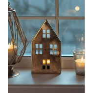 Metalowy Świecznik Dom w Kolorze Starego Złota - Na Tealighty