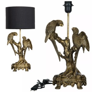 Złota lampa stołowa retro z papugami – dekoracyjna i stylowa