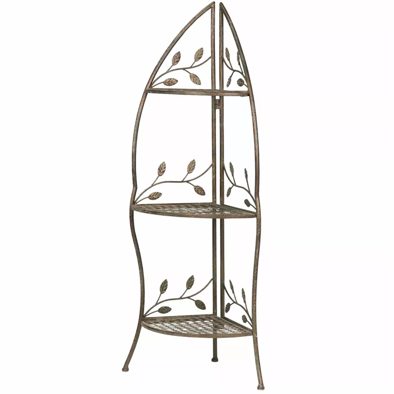 Metalowa narożna szafka z półkami – elegancki kwietnik