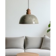 Szara metalowa lampa wisząca z drewnem mango – elegancka i stylowa dekoracja