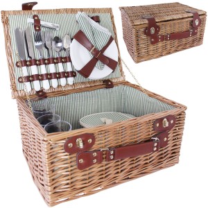 Wiklinowy zestaw piknikowy dla 4 osób – stylowy kosz zielony