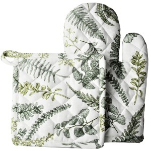 Rękawica kuchenna z doczepioną ściereczką, bawełniana, biała w zielone kwiaty, 27x18 cm