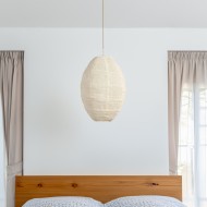 Lampa wisząca boho z juty, beżowa, regulowany przewód 100 cm, klosz 30x45 cm, styl skandynawski