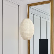 Lampa wisząca boho z juty, beżowa, regulowany przewód 100 cm, klosz 30x45 cm, styl skandynawski