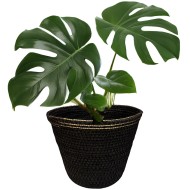 Doniczka boho czarna ze złotym wykończeniem | Naturalna doniczka z trawy morskiej