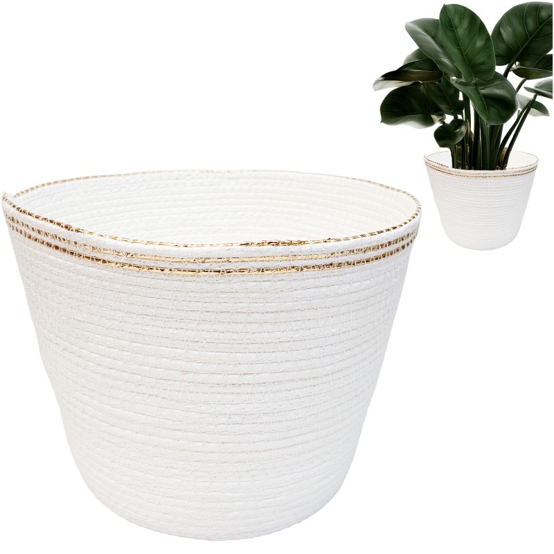 Doniczka boho biała ze złotym wykończeniem | Naturalna doniczka z trawy morskiej