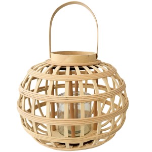 Lampion bambusowy boho z uchwytem i szklanym świecznikiem