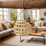 Lampion bambusowy boho z uchwytem i szklanym świecznikiem