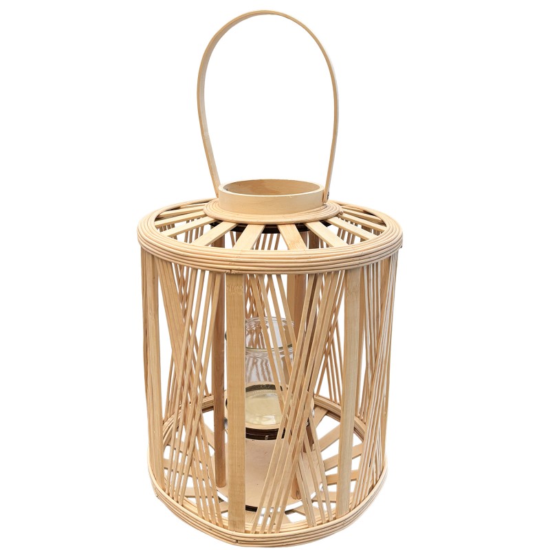 Duży lampion boho z bambusa ze szklanym świecznikiem i uchwytem