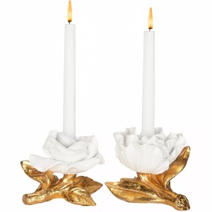Komplet dwóch świeczników róża biało-złote na świece stołowe