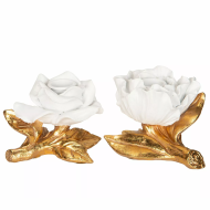 Komplet dwóch świeczników róża biało-złote na świece stołowe