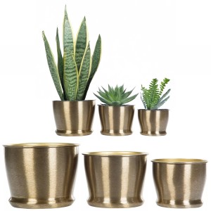 Komplet 3 złotych osłonek metalowych na doniczki – szczotkowane wykończenie