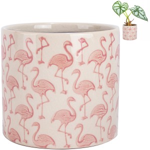 Doniczka ceramiczna biało-różowa 14,5x13 cm we flamingi dekoracyjna do roślin domowych