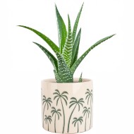 Doniczka ceramiczna beżowa w zielone palmy 14,5x13 cm tropikalna dekoracja do wnętrz