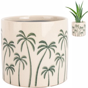 Doniczka ceramiczna beżowa w zielone palmy 14,5x13 cm tropikalna dekoracja do wnętrz