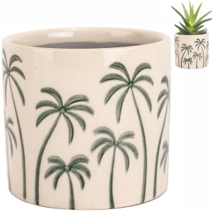 Doniczka ceramiczna beżowa w zielone palmy 12 cm tropikalna dekoracja do wnętrz