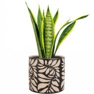 Doniczka ceramiczna beżowo-czarna 14x13 cm z liściastym wzorem dekoracyjna do wnętrz