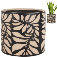 Doniczka ceramiczna beżowo-czarna 14x13 cm z liściastym wzorem dekoracyjna do wnętrz