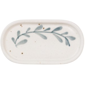 Talerzyk ceramiczny owalny 12,2 cm z liściem biały kamionkowy ręcznie malowany