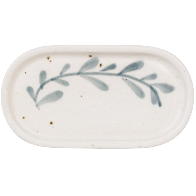 Talerzyk ceramiczny owalny 12,2 cm z liściem biały kamionkowy ręcznie malowany