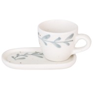 Filiżanka ceramiczna do espresso 60 ml biało-zielona z liściem ręcznie malowana