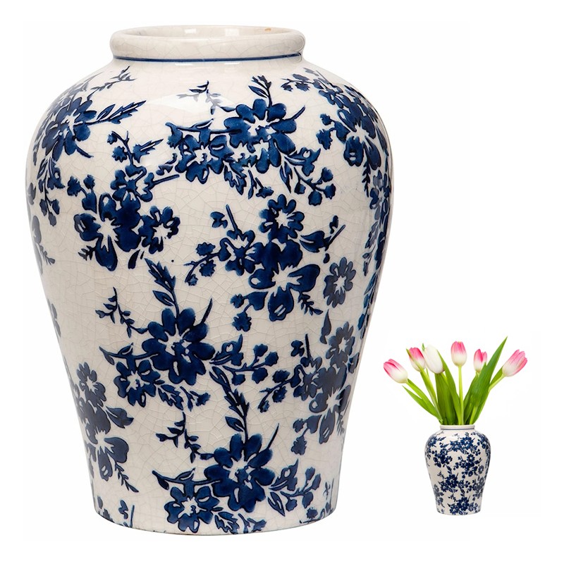 Wazon ceramiczny biały z niebieskim wzorem 22 cm – dekoracyjny wazon w stylu klasycznym