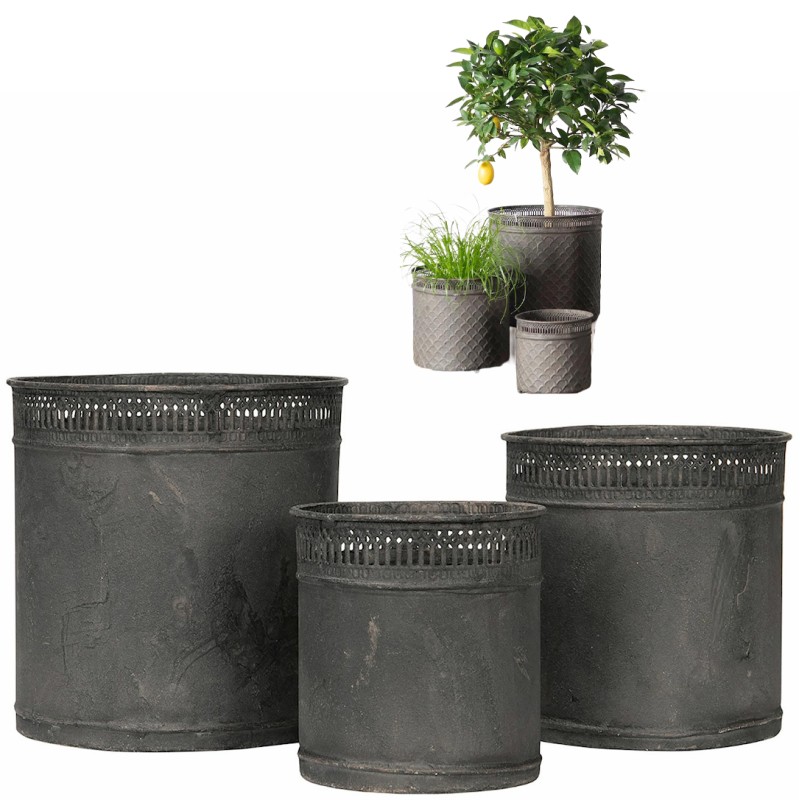 Doniczki metalowe ciemnoszare komplet 3 szt. loftowe osłonki bez odpływu