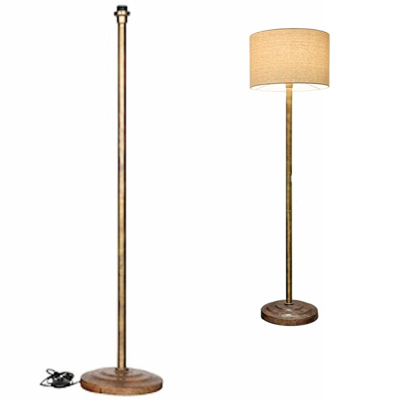 Lampa podłogowa bez klosza stare złoto z drewnianą podstawą E27 120 cm