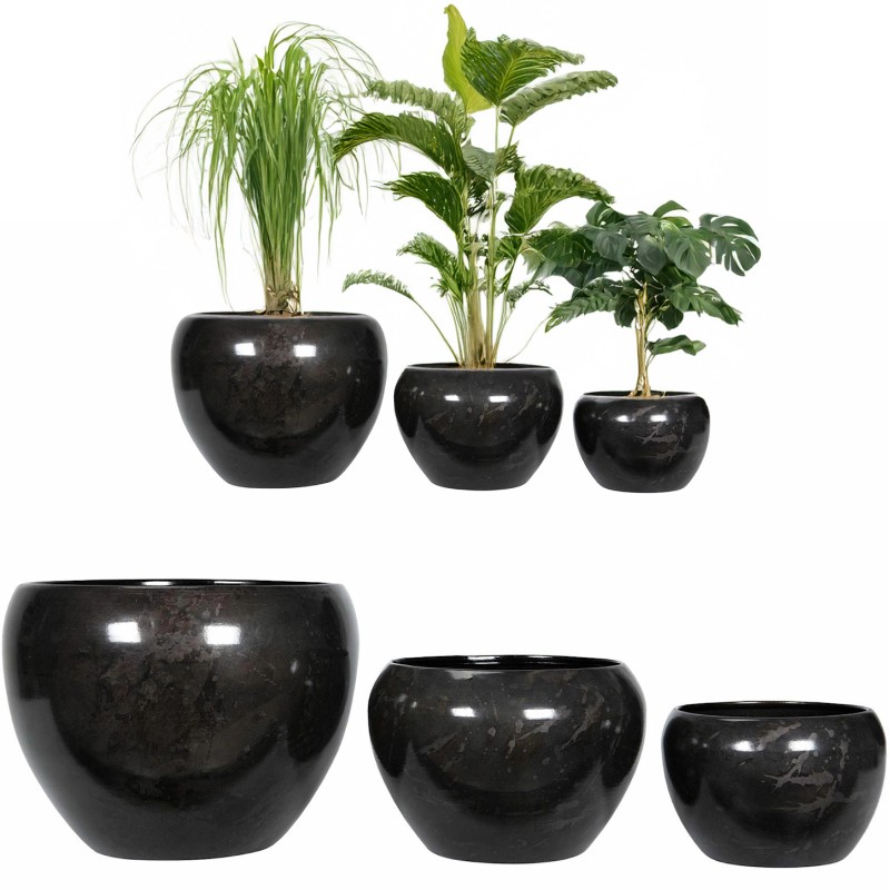 Zestaw 3 czarnych metalowych doniczek w połysku – styl loft, bez odpływu