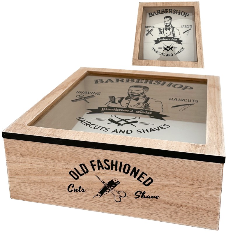 Drewniane pudełko barberskie z szybą 25 cm – organizer i dekoracja