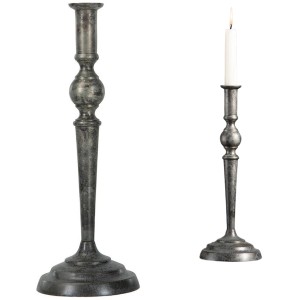 Świecznik kandelabr metalowy na jedną świecę postarzane srebro 33 cm