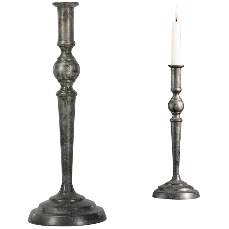 Świecznik kandelabr metalowy na jedną świecę postarzane srebro 33 cm