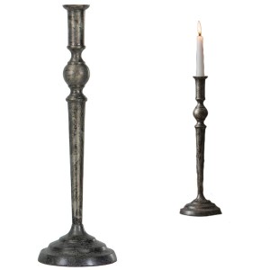 Świecznik kandelabr metalowy na jedną świecę postarzane srebro 38 cm