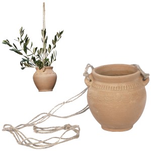 Wisząca doniczka gliniana z rzeźbieniem na sznurku jutowym 12,5 cm