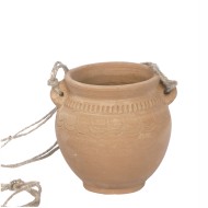 Wisząca doniczka gliniana z rzeźbieniem na sznurku jutowym 12,5 cm