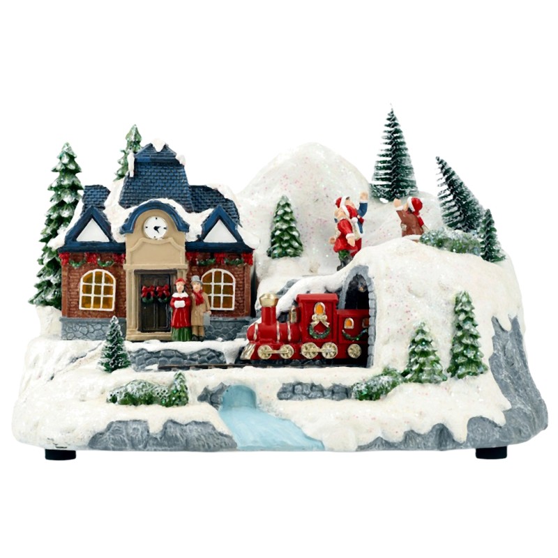 Figurka domek zimowy z pociągiem LED dekoracja świąteczna 28 cm