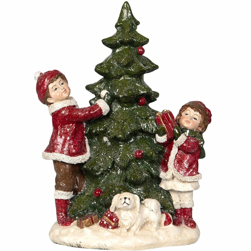 Figurka świąteczna dzieci z choinką i psem dekoracja bożonarodzeniowa 25 cm