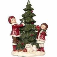 Figurka świąteczna dzieci z choinką i psem dekoracja bożonarodzeniowa 25 cm
