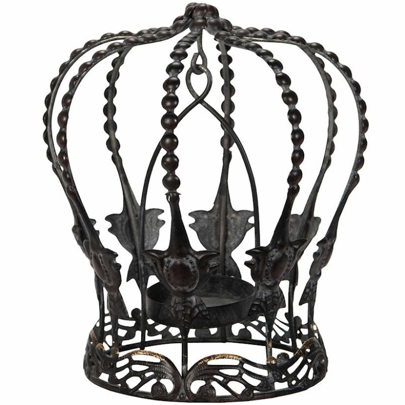 Lampion świecznik korona metalowa czarny mat na tealight i świece 15x17 cm