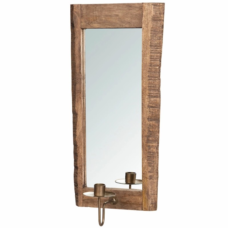 Lustro ścienne drewniane boho ze świecznikiem na długą świecę