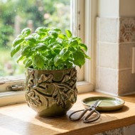 Doniczka ceramiczna zielona osłonka 14cm liście dębu połysk na zioła