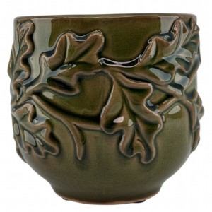 Doniczka ceramiczna zielona osłonka 14cm liście dębu połysk na zioła