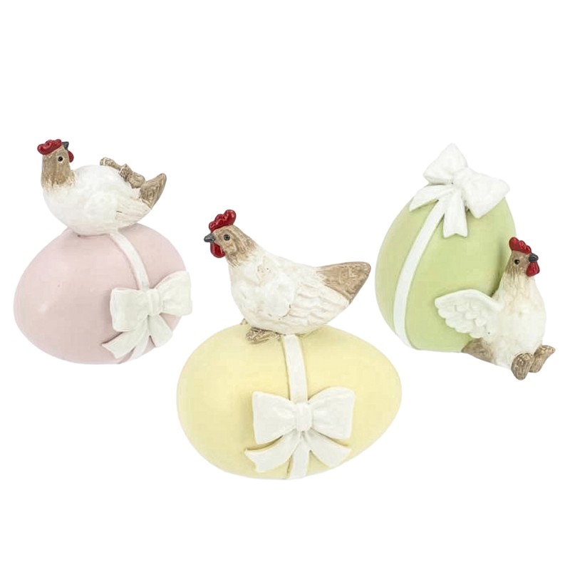 Figurki wielkanocne kury na jajkach zestaw 3szt pastelowe 8cm